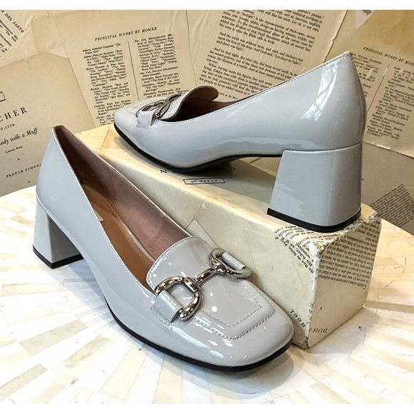 Anthropologie Bibi Lou Valencia Heel Loafer Light Gray Patent Leather - Picture 8 of 11